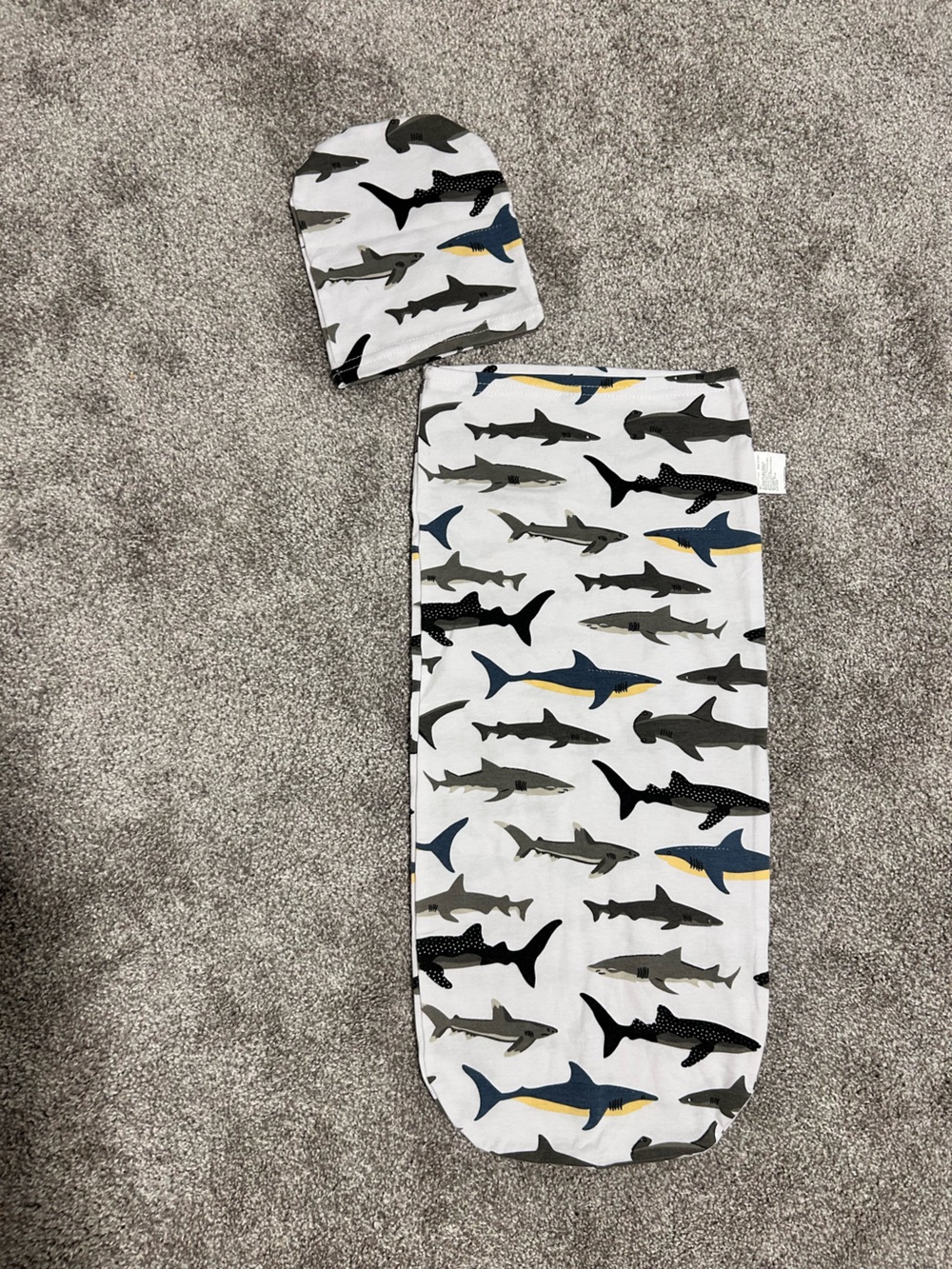 Shark Print Nursery Swaddle Blanket - White with Gray, Navy & Yellow Sharks